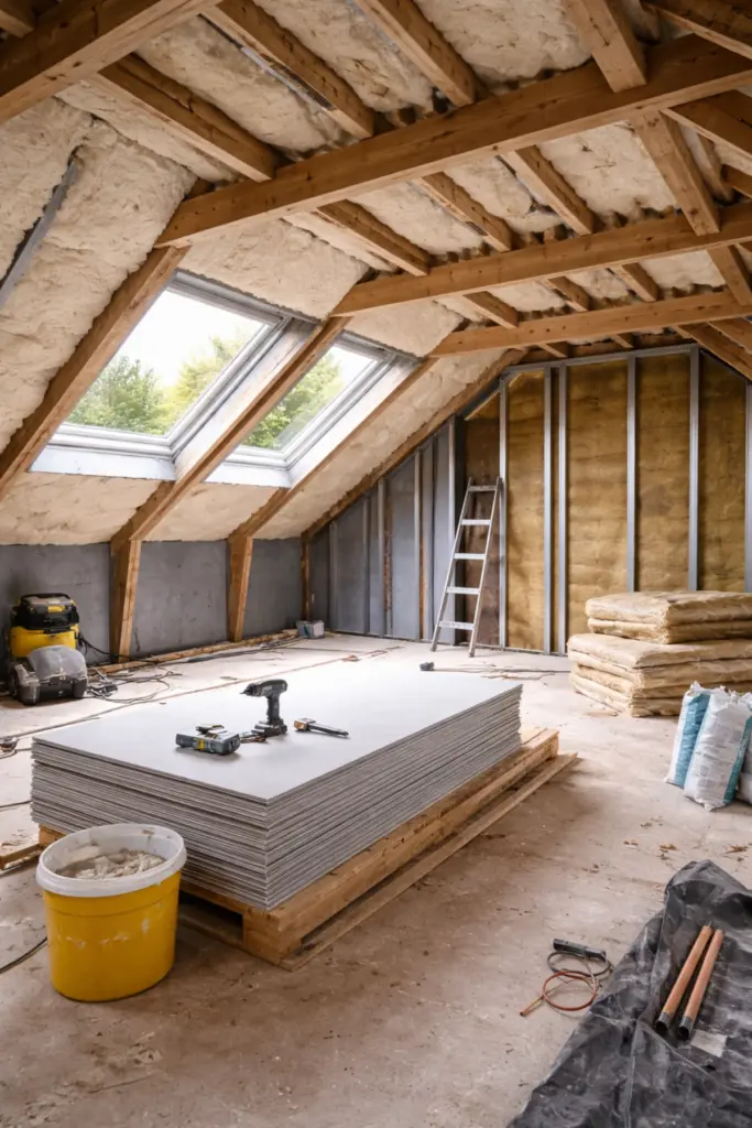 Dachgeschoss während der energetischen Modernisierung mit Dämmung und Innenausbau