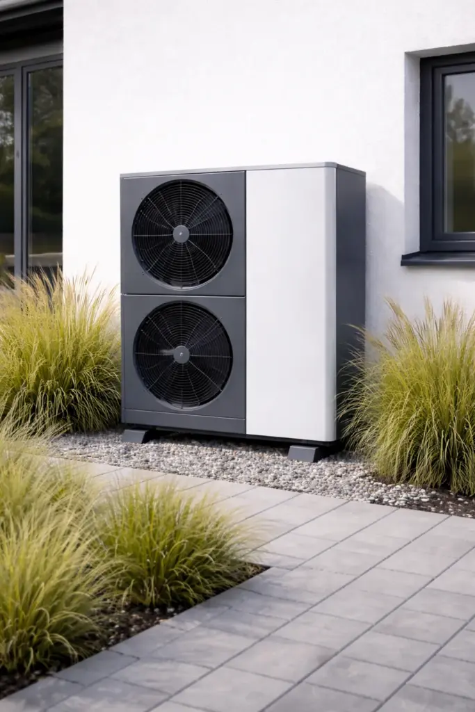 Moderne Luft-Wasser-Wärmepumpe an Einfamilienhaus – Finanzierung in Herne und NRW